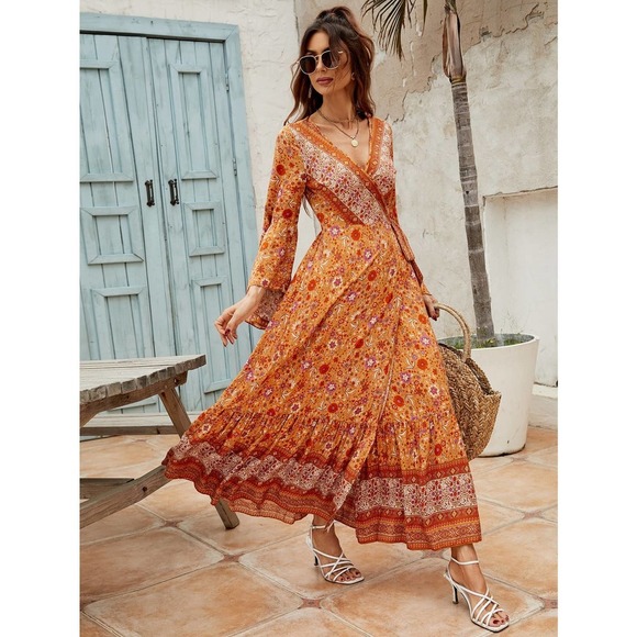 Boho long sleeve orange Floral Print Bell Sleeve Tie Front Wrap Dress maxi dress - Picture 4 of 7